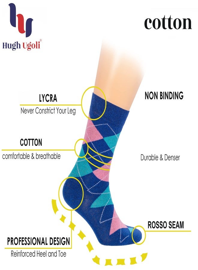 Hugh Ugoli Women's Cotton Argyle Crew Socks | Fun Colorful, Patterned Trouser or Dress Socks, 4 Pairs, Orange, Shoe Size: 9-12 - Image 2
